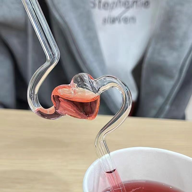 1pc Reusable Glass Straw With Cute Heart Design - High Borosilicate, Transparent & Creative For Milk And Juice Drinks